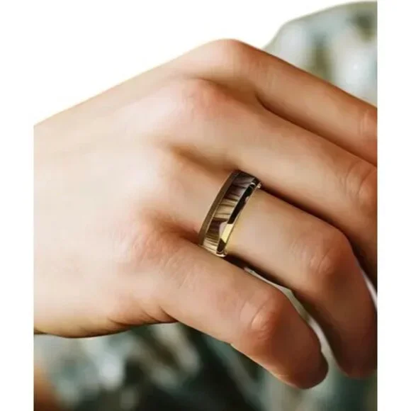 Tungsten Steel Men's Fashion Ring High Polished Brown Marble & gold plated rims - Picture 5 of 5